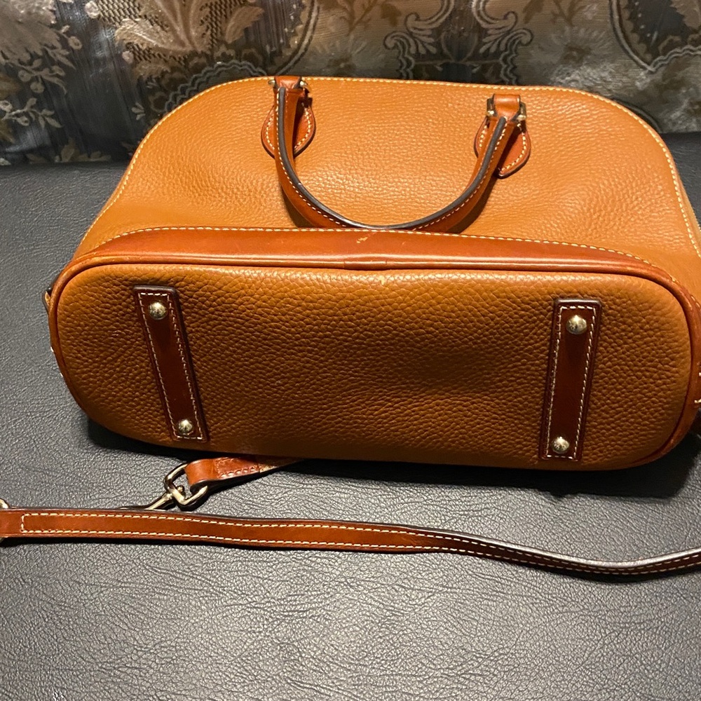 Dooney & Bourke Two-Tone Tan and Chestnut Leather Dome Satchel with Strap - Picture 4 of 5